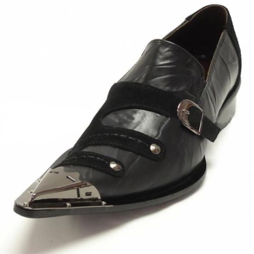 Fiesso Black Genuine Leather Buckle Loafer Shoes With Metal Tip FI6385